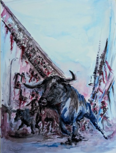 Running of the bulls(Pamplona)Spain. Pintura titulada "Running of the bull…" por Benny Smet, Obra de arte original, Acuarela