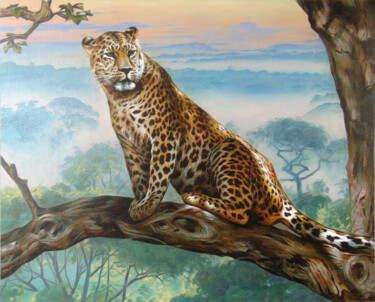 Картина под названием "Leopard on a tree" - Sergey And Vera, Подлинное произведение искусства, Масло