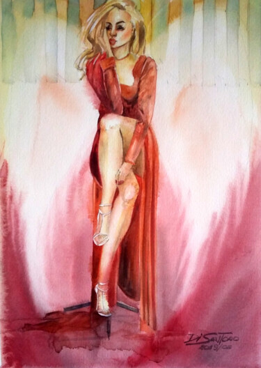 Mulher de vestido vermelho Painting titled "Mulher de vestido v…" by Paulo Di Santoro, Original Artwork, Watercolor