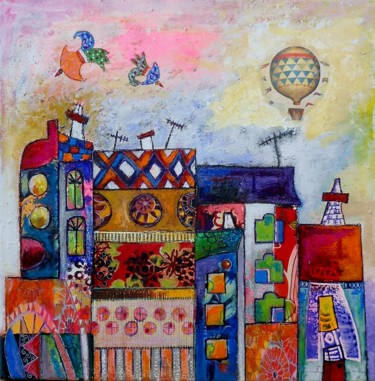 Peinture intitulée "La ville Patchwork" par Armelle Colombier, Œuvre d'art originale, Acrylique