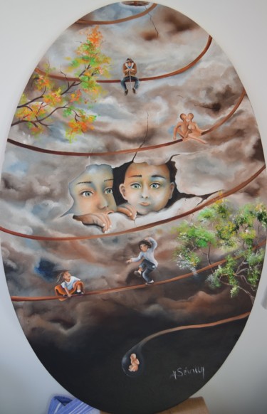 Painting titled "Le-fil-rouge.jpg" by Michele Sevilla, Original Artwork, Oil Mounted on Wood Stretcher frame
