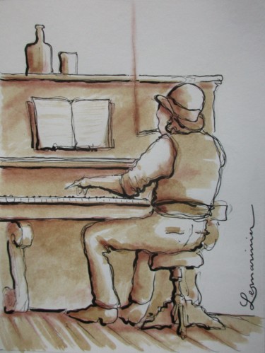 Dessin intitulée "Le pianiste" par Philippe Lemarinier, Œuvre d'art originale, Encre