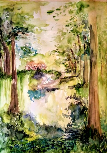Peinture intitulée "The Birdwatcher" par Benny Smet, Œuvre d'art originale, Aquarelle