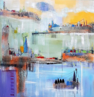 Painting titled "City in the Sky" by Kasun Wickramasinghe, Original Artwork, Acrylic Mounted on Wood Stretcher frame