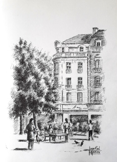 Dessin intitulée "Sur la place/Rochef…" par Jean-Paul Ramon, Œuvre d'art originale, Encre
