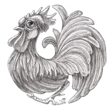Desenho intitulada "Rounded Rooster" por Victor Molev, Obras de arte originais, Tinta