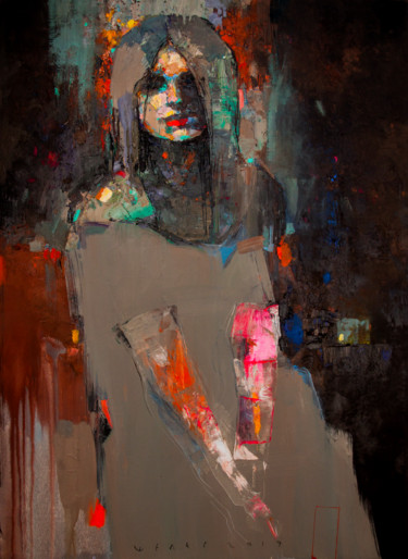 Painting titled "Night Flower" by Viktor Sheleg, Original Artwork, Oil