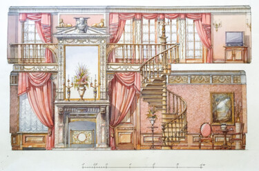 The Sketch Of An Interior In Red No. 1 Painting titled "The Sketch Of An In…" by Andrei Svistunov, Original Artwork, Watercolor
