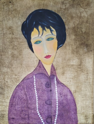 绘画 标题为“La Femme au collier” 由Geneviève Madrigal, 原创艺术品, 油 安装在木质担架架上