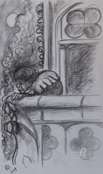 Dessin intitulée "QUASIMODO PLEURE" par Alain Devienne, Œuvre d'art originale, Crayon