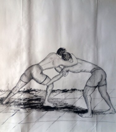 Dessin intitulée "Des lutteurs" par Charles Corbin, Œuvre d'art originale, Encre
