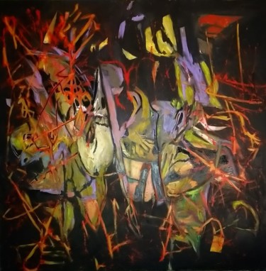 Painting titled "Combat de coqs" by Ferracci, Original Artwork, Acrylic