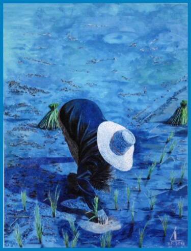 Schilderij getiteld "Planteuse de riz" door Reinhard Häussler, Origineel Kunstwerk, Acryl