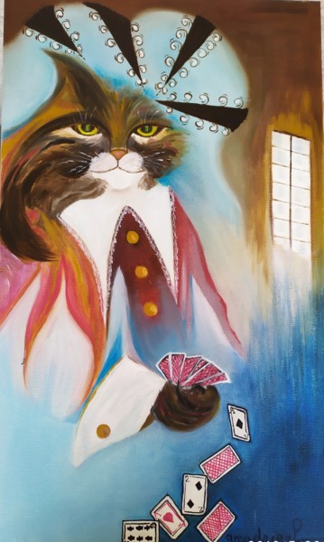绘画 标题为“Le Chat Botté joueur” 由Geneviève Madrigal, 原创艺术品, 油 安装在木质担架架上