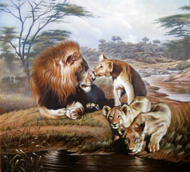 Картина под названием "Lion with offspring" - Sergey And Vera, Подлинное произведение искусства, Акрил