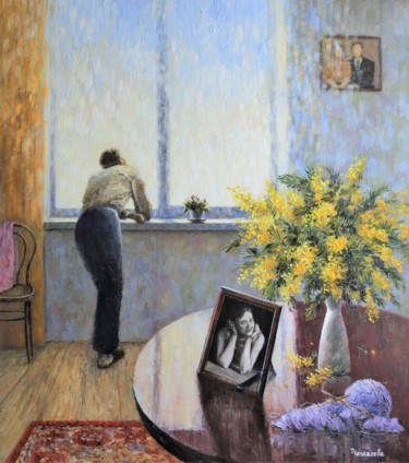 绘画 标题为“Mimosa for wife” 由Tatyana Chepkasova, 原创艺术品, 油 安装在木质担架架上