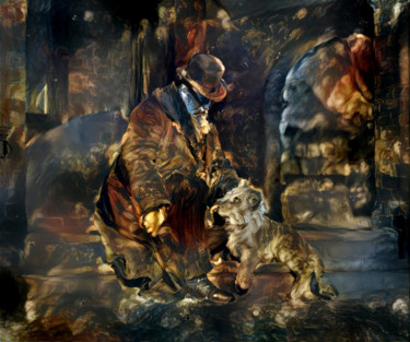 Arts numériques intitulée "L'homme au lion" par Orphé, Œuvre d'art originale, Peinture numérique