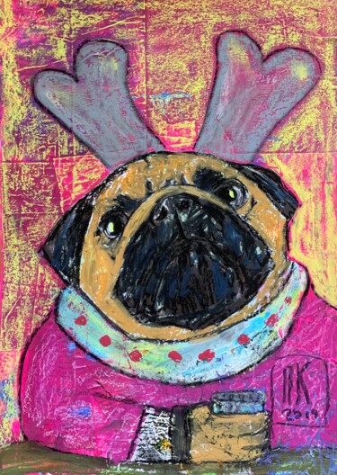 Disegno intitolato "Drinking pug" da Pavel Kuragin, Opera d'arte originale, Pastello