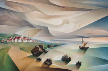 Painting titled "Calm" by Isaac Feldman, Original Artwork, Oil Mounted on Wood Stretcher frame