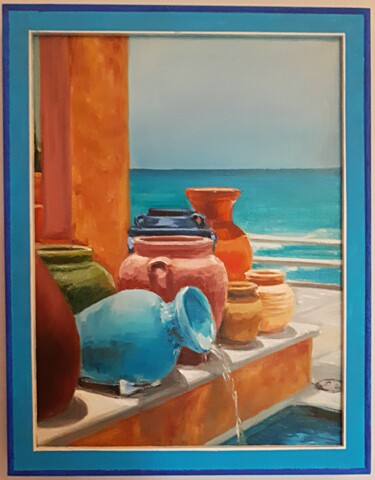 Painting titled "Pots, beach and sea" by Andriy Maslyanko, Original Artwork, Oil Mounted on Wood Stretcher frame