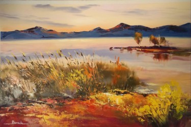 Coucher de soleil sur l'étang Peinture intitulée "Coucher de soleil s…" par Christian Bessede, Œuvre d'art originale, Huile