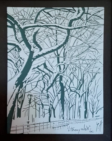 Printmaking titled "" Literary Walk (I)"" by Yann Hervis, Original Artwork, Xylography Mounted on Wood Panel