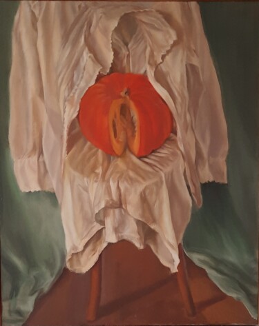 La Citrouille Peinture intitulée "La Citrouille" par Nathalie Gautier, Œuvre d'art originale, Huile Monté sur Châssis en bois