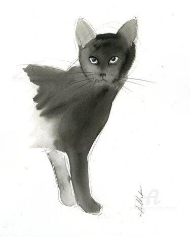 Dessin intitulée "Chat dynamique 0078" par Alliet-Delacroix, Œuvre d'art originale, Encre Monté sur Carton