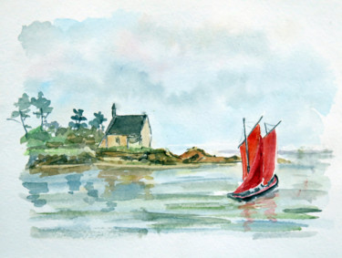 Peinture intitulée "La chapelle de Boëd…" par Michel Hamelin, Œuvre d'art originale, Aquarelle