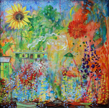 Painting titled "Hydrangea Skies" by Fraser Maciver (1960 - 2019), Original Artwork, Acrylic Mounted on Wood Stretcher frame