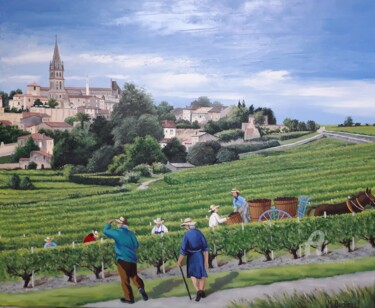 Peinture intitulée "Vendanges d'antan à…" par Marc Degieux, Œuvre d'art originale, Huile