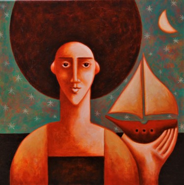Painting titled "Mystical cruise" by Zsolt Malasits, Original Artwork, Oil Mounted on Wood Stretcher frame