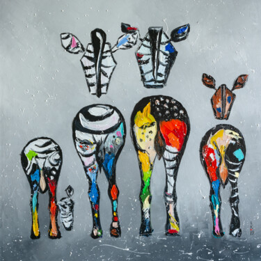 Painting titled "Zebra's family" by Liubov Kuptsova, Original Artwork, Oil Mounted on Wood Stretcher frame