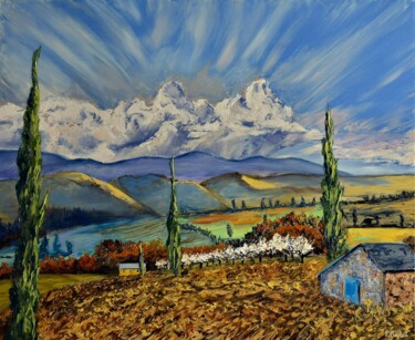 Peinture intitulée "Vue sur les monts" par Pascal Baudot, Œuvre d'art originale, Huile Monté sur Châssis en bois