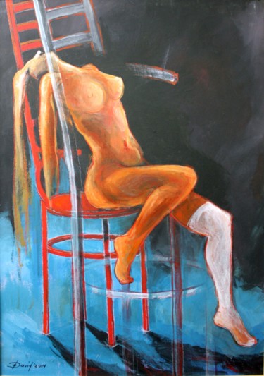 Malerei mit dem Titel "Red Chair" von Olga David, Original-Kunstwerk, Acryl Auf Karton montiert