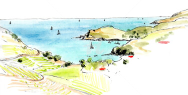 Dessin intitulée "Au dessus de Port-V…" par Anne-Marie Mary, Œuvre d'art originale, Aquarelle