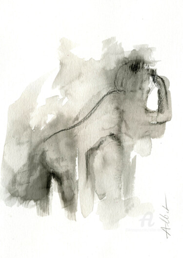 Dessin intitulée "Nu accoudé" par Alliet-Delacroix, Œuvre d'art originale, Encre Monté sur Carton