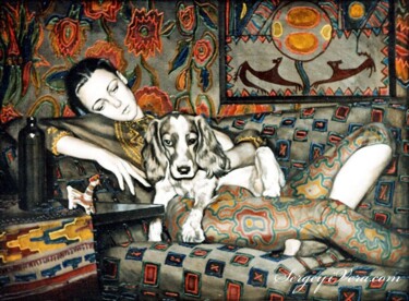 Картина под названием "Girl with a dog" - Sergey And Vera, Подлинное произведение искусства, Масло