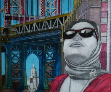 Drawing titled "Manhattan Bridge (N…" by Yannick Civel, Original Artwork, Ink Mounted on Wood Stretcher frame