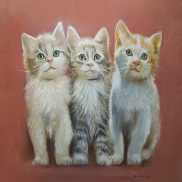 Trois Chats Peinture intitulée "Trois Chats" par Henri Eisenberg, Œuvre d'art originale, Pastel