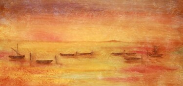 Barques sur l'étang de Thau. Peinture intitulée "Barques sur l'étang…" par Jean Xavier Combe, Œuvre d'art originale, Huile Monté sur Châssis en bois