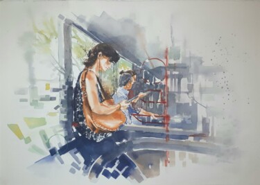 Pittura intitolato ""Sul Bus"" da Valerio Scarapazzi, Opera d'arte originale, Acquarello