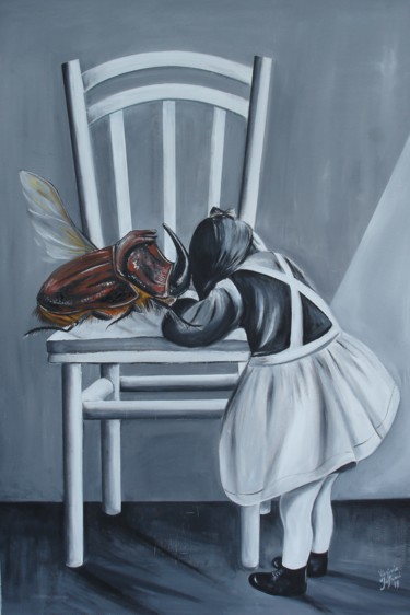 LA FILLETTE AU COLEOPTERE RHINOCEROS Painting titled "LA FILLETTE AU COLE…" by Virginie Isfaoui, Original Artwork, Oil Mounted on Wood Stretcher frame