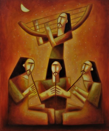 「Ancient musicians」というタイトルの絵画 Zsolt Malasitsによって, オリジナルのアートワーク, オイル ウッドストレッチャーフレームにマウント