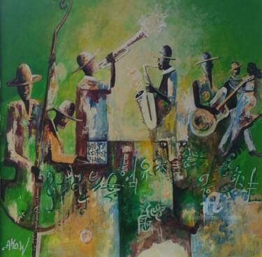 Peinture intitulée "Jazz au font verte" par Ako Wilson, Œuvre d'art originale, Acrylique Monté sur Châssis en bois