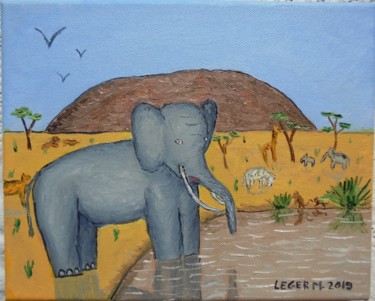 Painting titled "Éléphant dans la sa…" by Matthieu Leger, Original Artwork, Oil