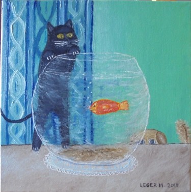 Chasse au poisson du chat dans l'aquarium Painting titled "Chasse au poisson d…" by Matthieu Leger, Original Artwork, Oil