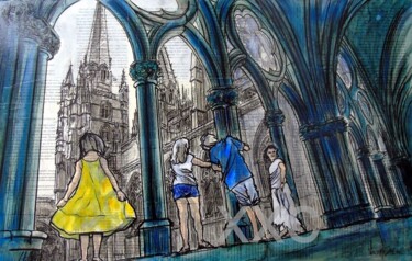 Peinture intitulée "Cloître de Bayonne" par Vincent Tessier Xxc, Œuvre d'art originale, Encre
