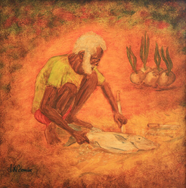 Ζωγραφική με τίτλο "Vieux au poisson." από Jean Xavier Combe, Αυθεντικά έργα τέχνης, Λάδι Τοποθετήθηκε στο Ξύλινο φορείο σκε…