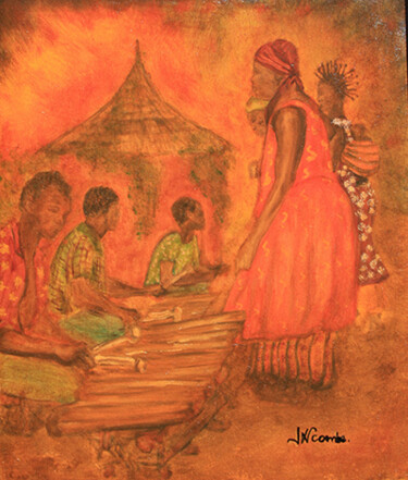 Ζωγραφική με τίτλο "Soirée Balafon." από Jean Xavier Combe, Αυθεντικά έργα τέχνης, Λάδι Τοποθετήθηκε στο Ξύλινο φορείο σκελε…